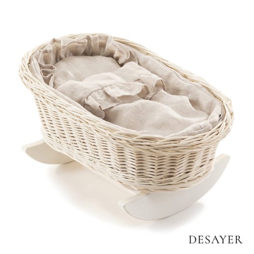 WICKER DOLL'S CRADLE WHITE WITH NATURAL LINEN