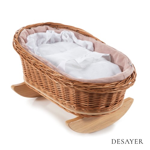 WICKER DOLL'S CRADLE NATURAL | PINK AND WHITE LINEN