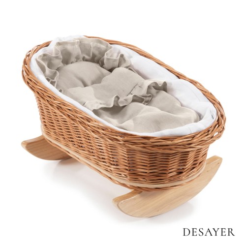 WICKER DOLL'S CRADLE NATURAL | WHITE AND NATURAL LINEN