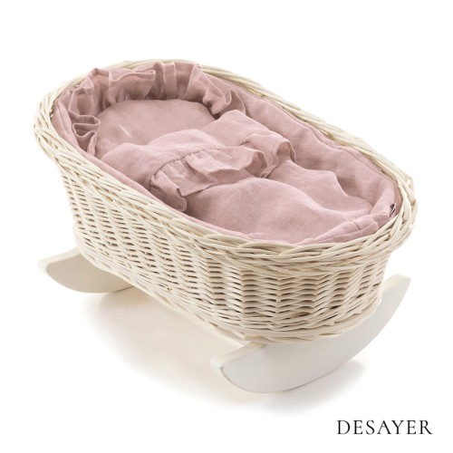 WICKER DOLL'S CRADLE WHITE WITH PINK LINEN