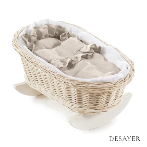 WICKER DOLL'S CRADLE WHITE WITH WHITE AND NATURAL LINEN