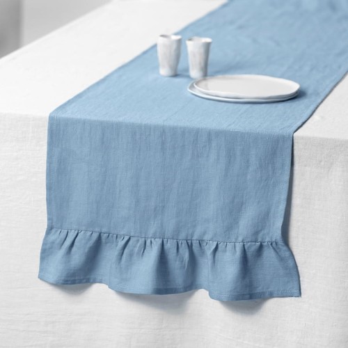 LINEN RUNNER RUFFLE TRIM | LIGHT BLUE