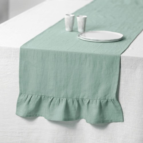 LINEN RUNNER RUFFLE TRIM | SAGE GREEN