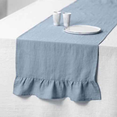 LINEN RUNNER RUFFLE TRIM | DUSTY BLUE