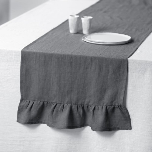 LINEN RUNNER RUFFLE TRIM | STEEL GREY
