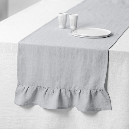 LINEN RUNNER RUFFLE TRIM | SILVER GREY