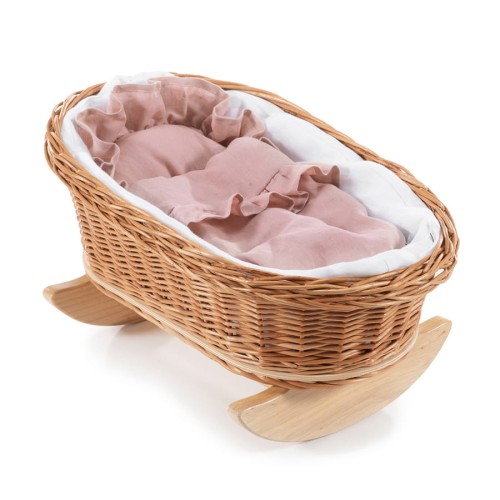 WICKER DOLL'S CRADLE NATURAL | WHITE AND PINK LINEN 