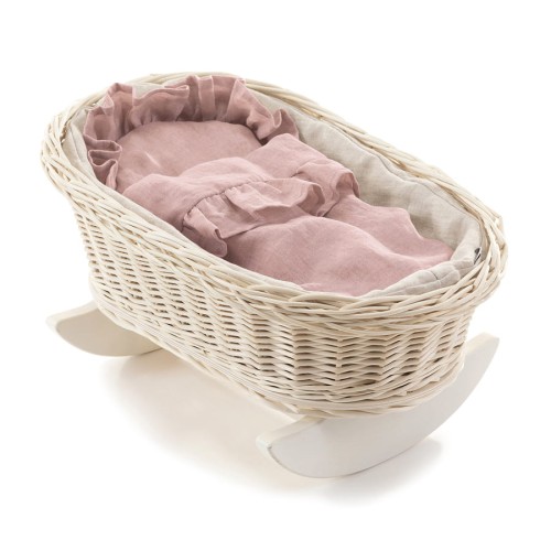 WICKER DOLL'S CRADLE WHITE | NATURAL AND PINK LINEN 