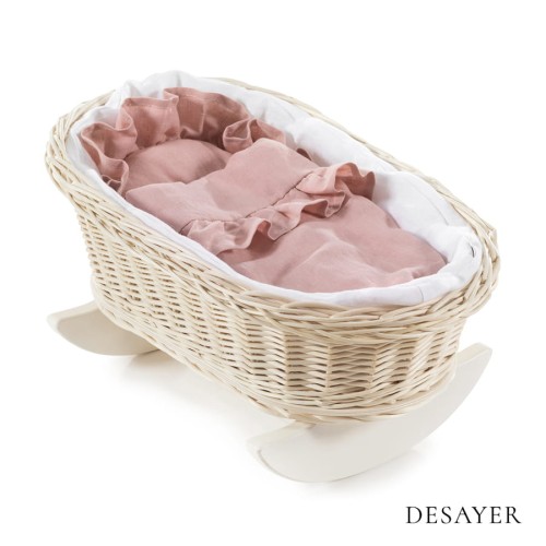 WICKER DOLL'S CRADLE WHITE WITH WHITE AND PINK LINEN