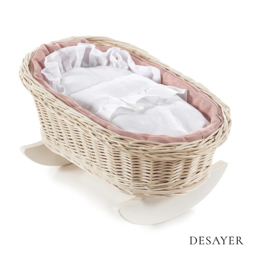 WICKER DOLL'S CRADLE WHITE | PINK AND WHITE LINEN