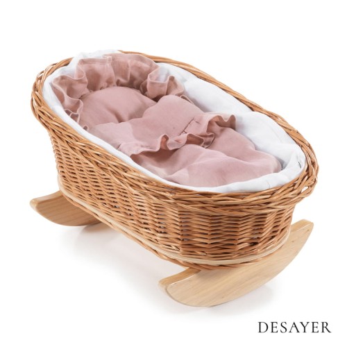 WICKER DOLL'S CRADLE NATURAL | WHITE AND PINK LINEN