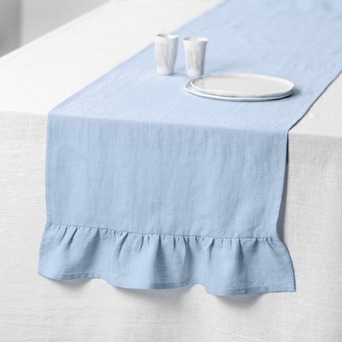 LINEN RUNNER RUFFLE TRIM SKY BLUE (1)
