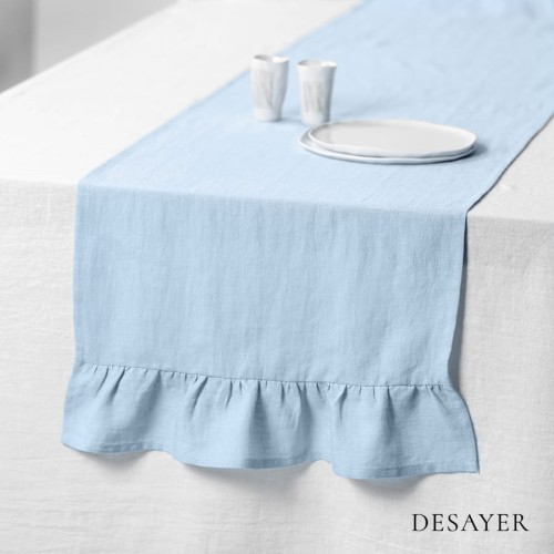 LINEN RUNNER RUFFLE TRIM SKY BLUE